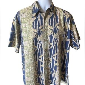 COOKE STREET Blue & Green Bamboo Aloha Hawaiian Shirt Men L Large
